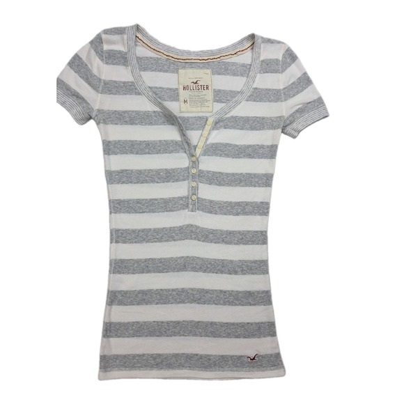 Hollister Tops - Vintage Hollister Henley Top Sz M Babydoll Bella Swan Gray Striped Y2K Coquette